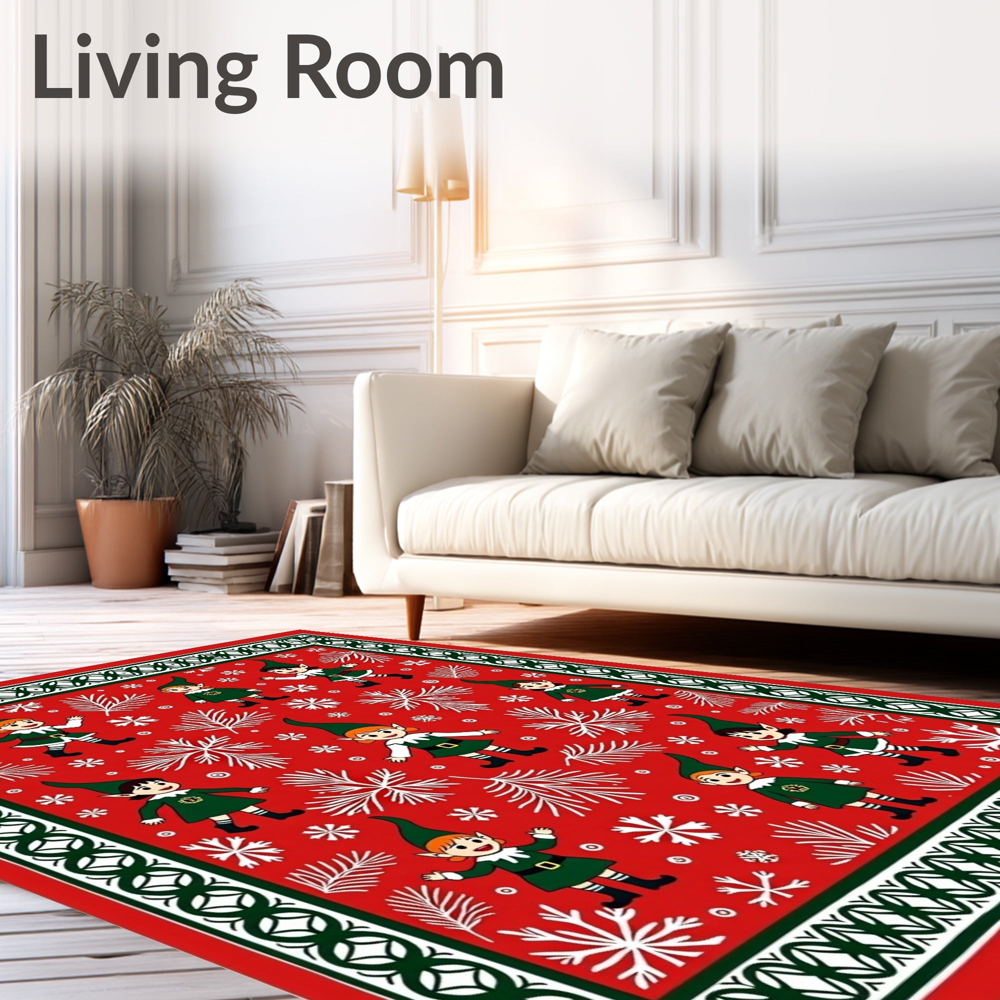 Holiday Elf Red Evergreen Snowflake Scene Rug