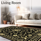 Classic Floral Scrollwork Black Gold Rug