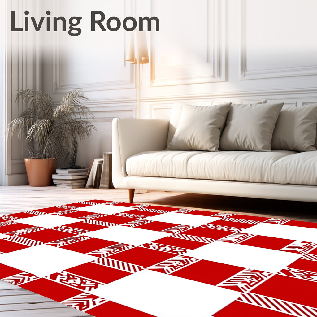 Red White Geometric Check Design Rug