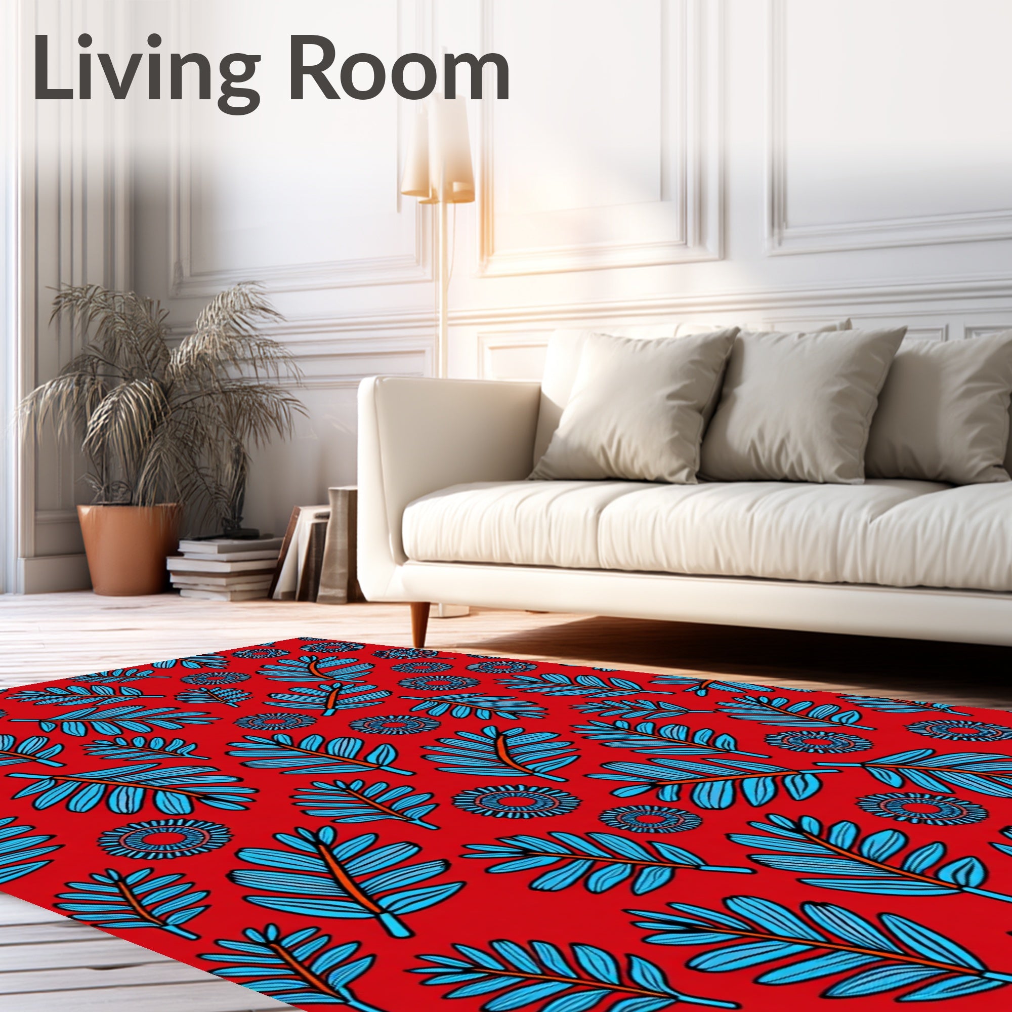 Bold Red Blue Foliage Pattern Rug