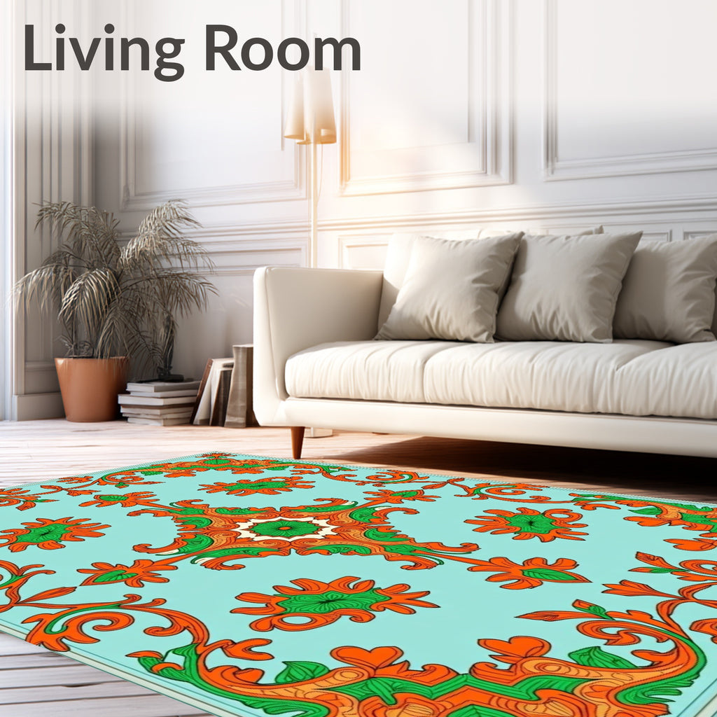 Aqua Orange Green Floral Scroll Rug