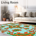 Aqua Orange Green Floral Scroll Rug