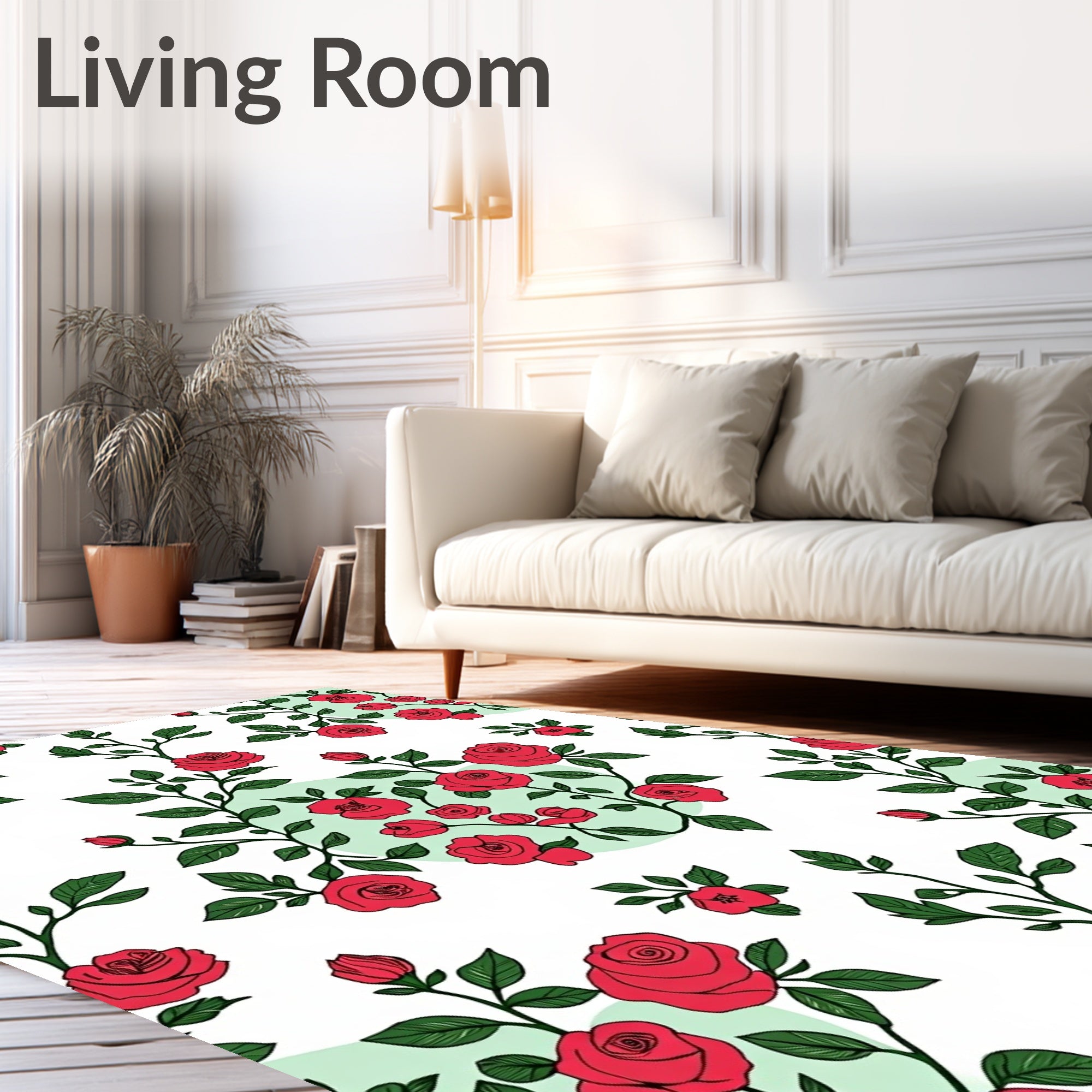 Classic Red Rose Floral Branch Pattern Rug