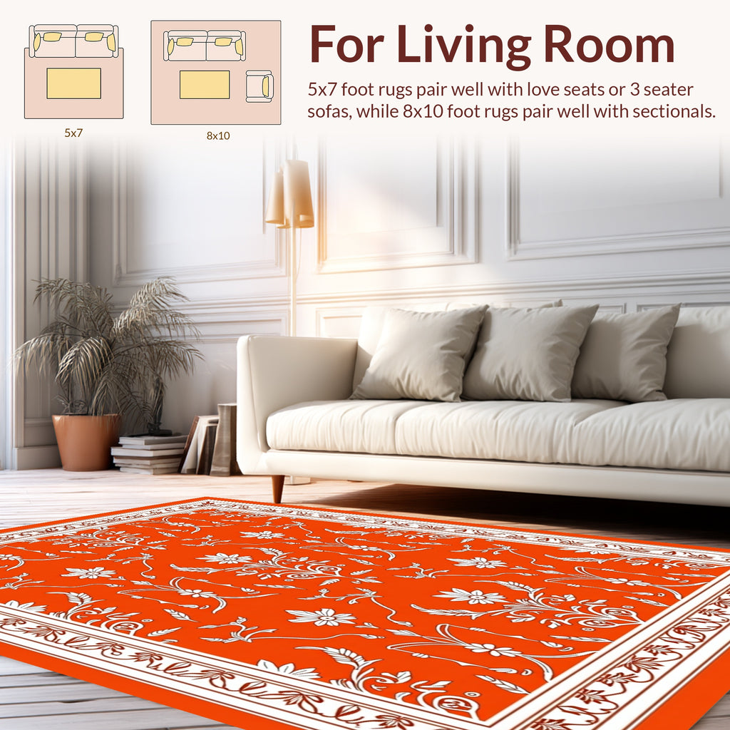 Classic Orange Floral Motif Pattern Rug