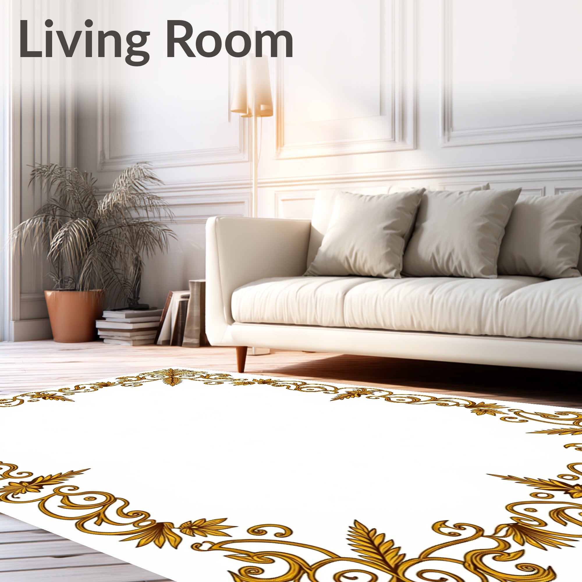 Ornate Golden Swirl Leaf Frame Rug