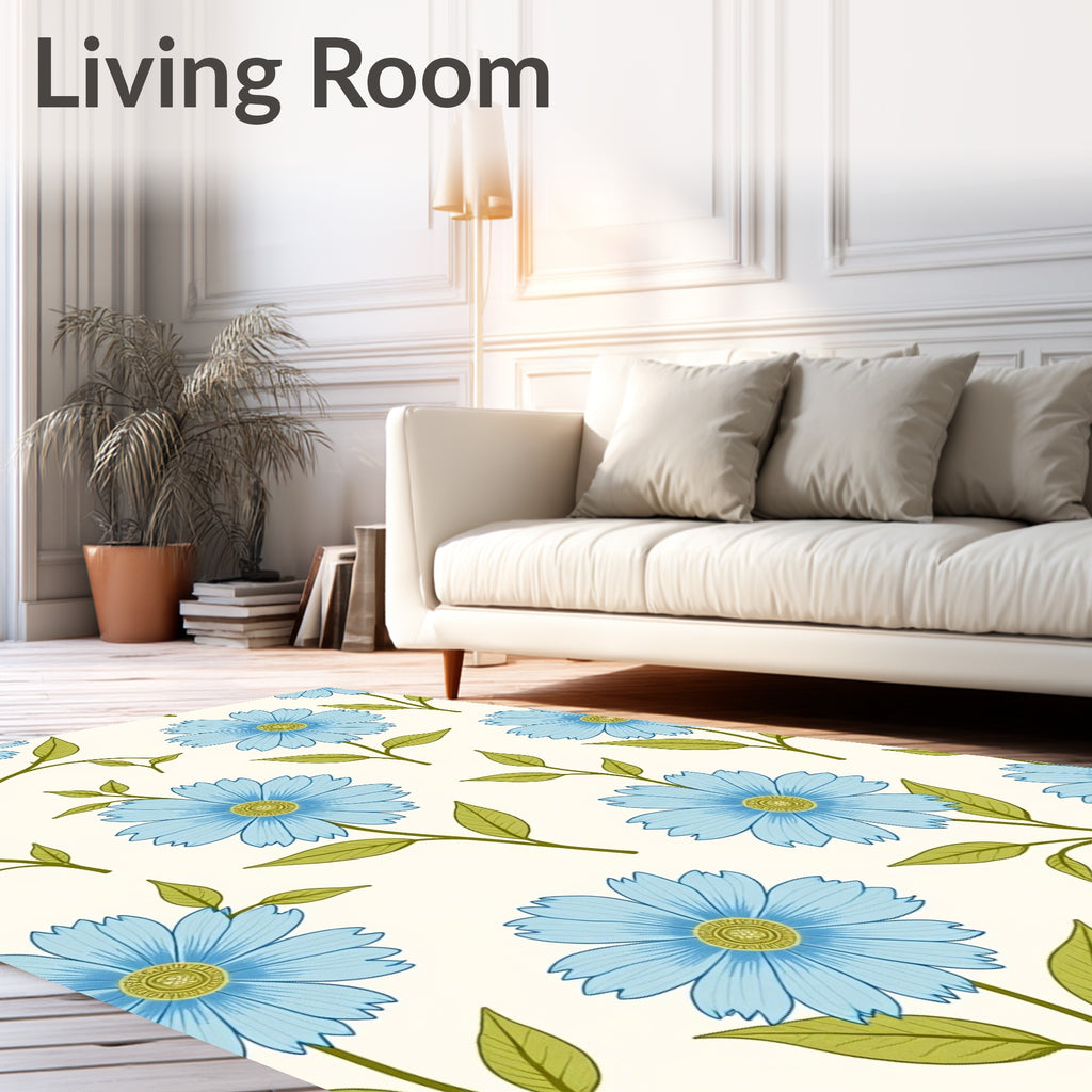 Light Blue Daisy Botanical Print Rug