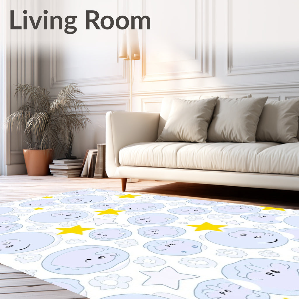 Whimsical Blue Faces Yellow Stars Rug
