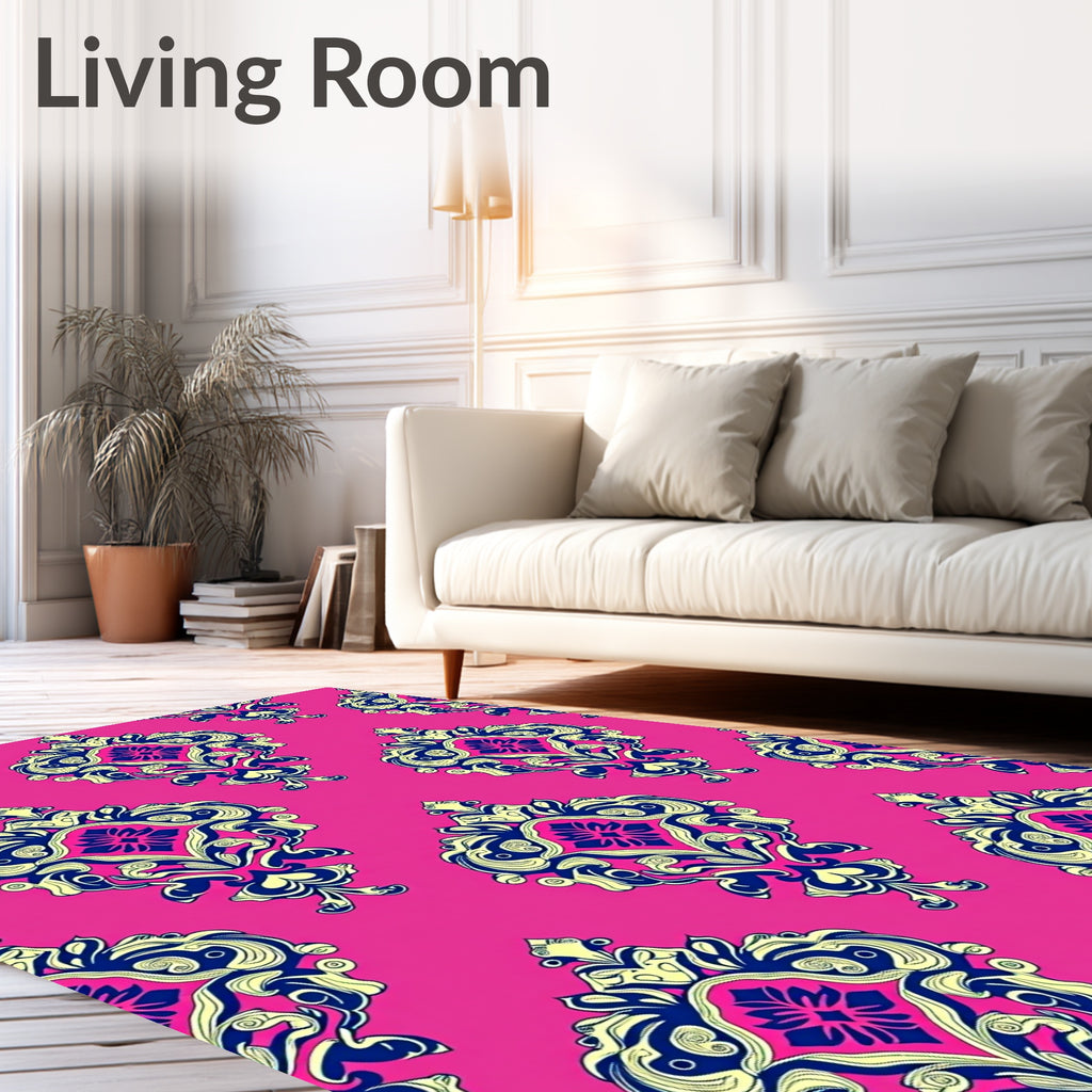 Vibrant Pink With Blue Yellow Damask Pattern Rug