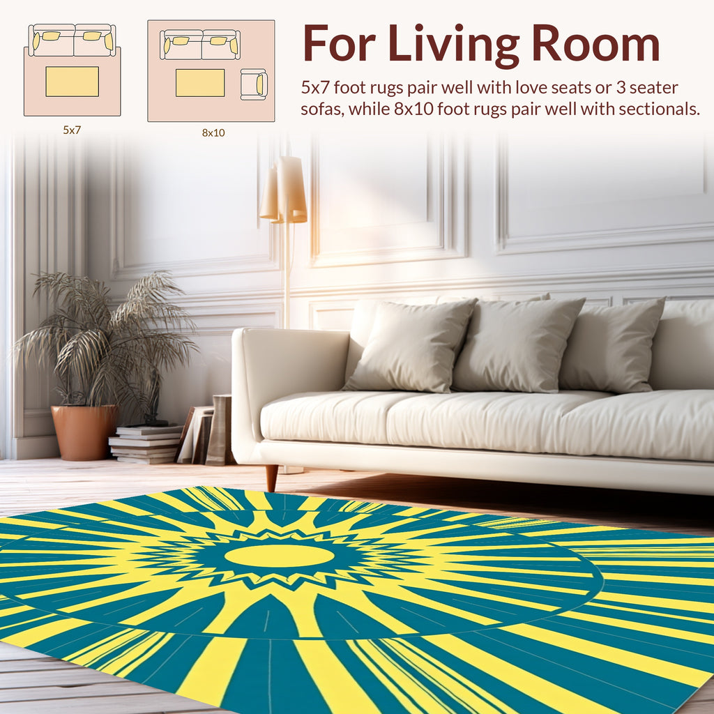 Radiant Sunburst Geometric Teal Yellow Rug