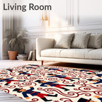 Whimsical figures and scrollwork pattern Rug