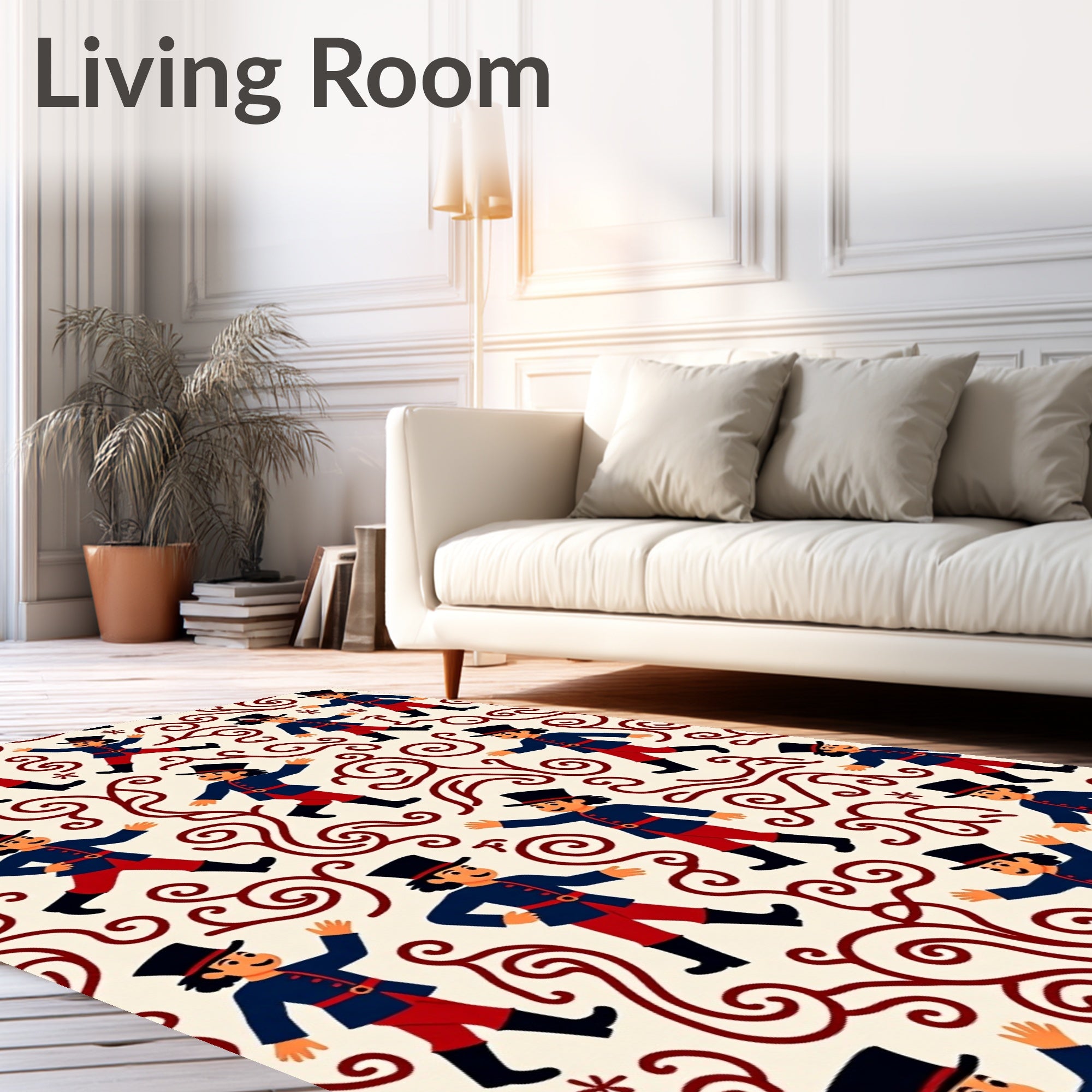 Whimsical figures and scrollwork pattern Rug