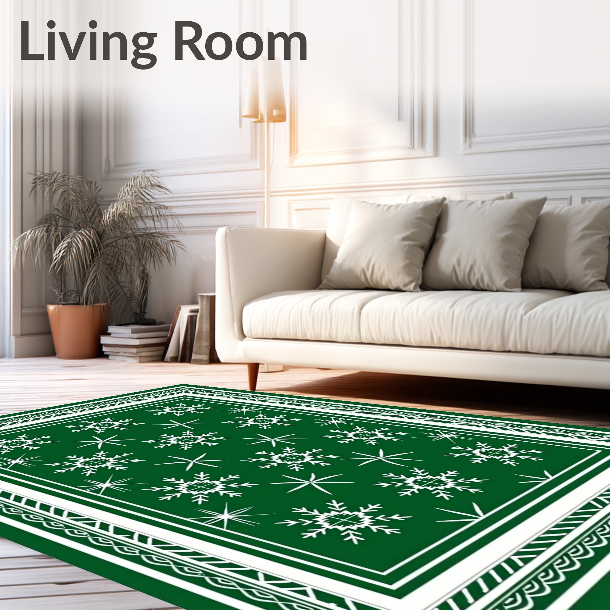 Festive White Snowflake Green Design Rug