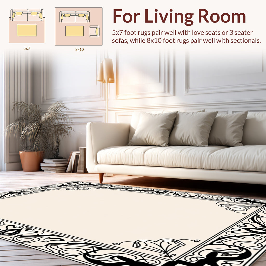 Ornate Black Cream Floral Frame Design Rug