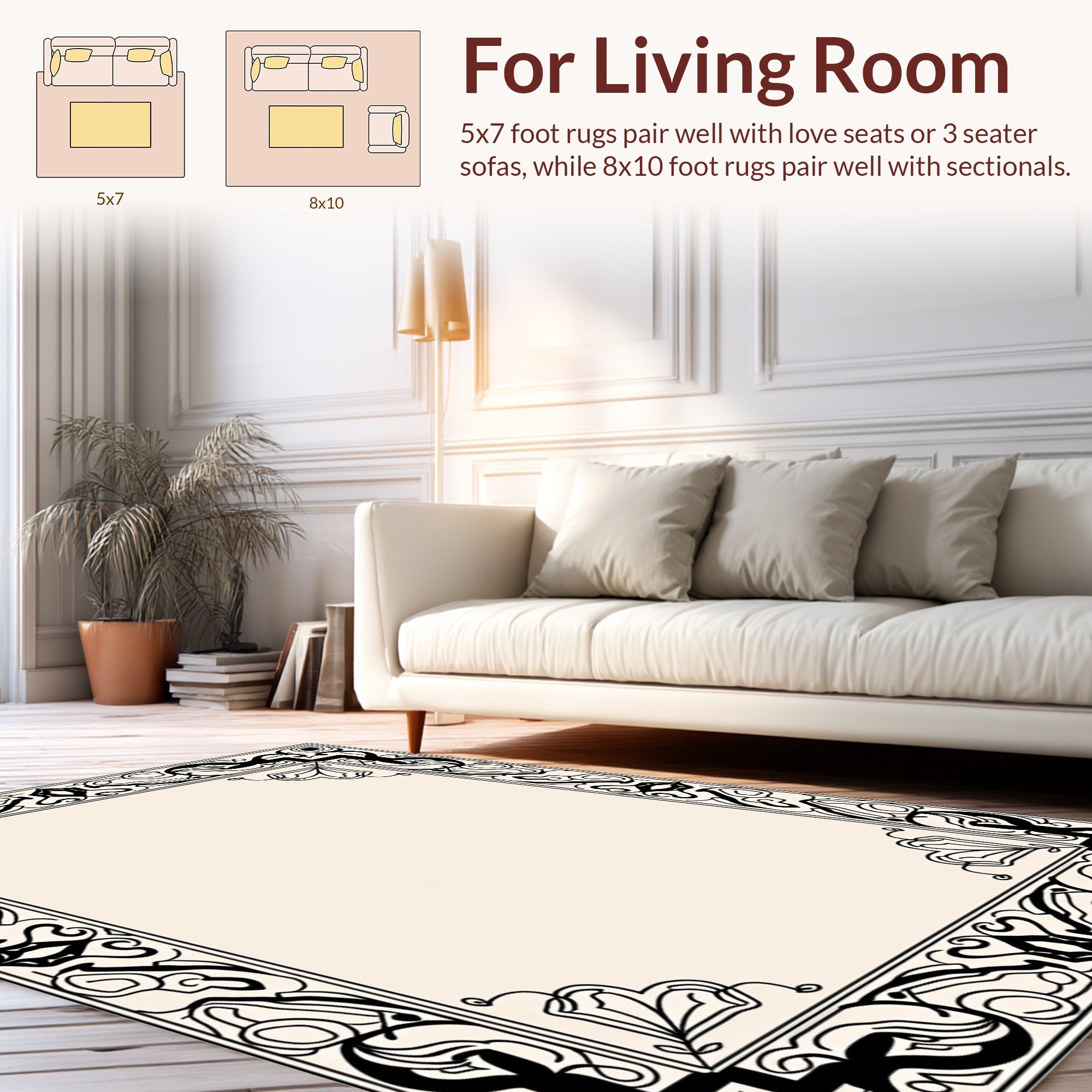 Ornate Black Cream Floral Frame Design Rug