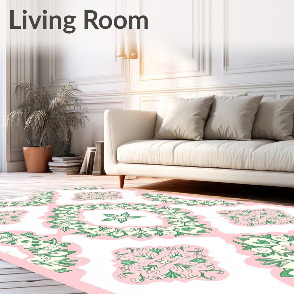 Pink Green Floral Medallion Pattern Rug