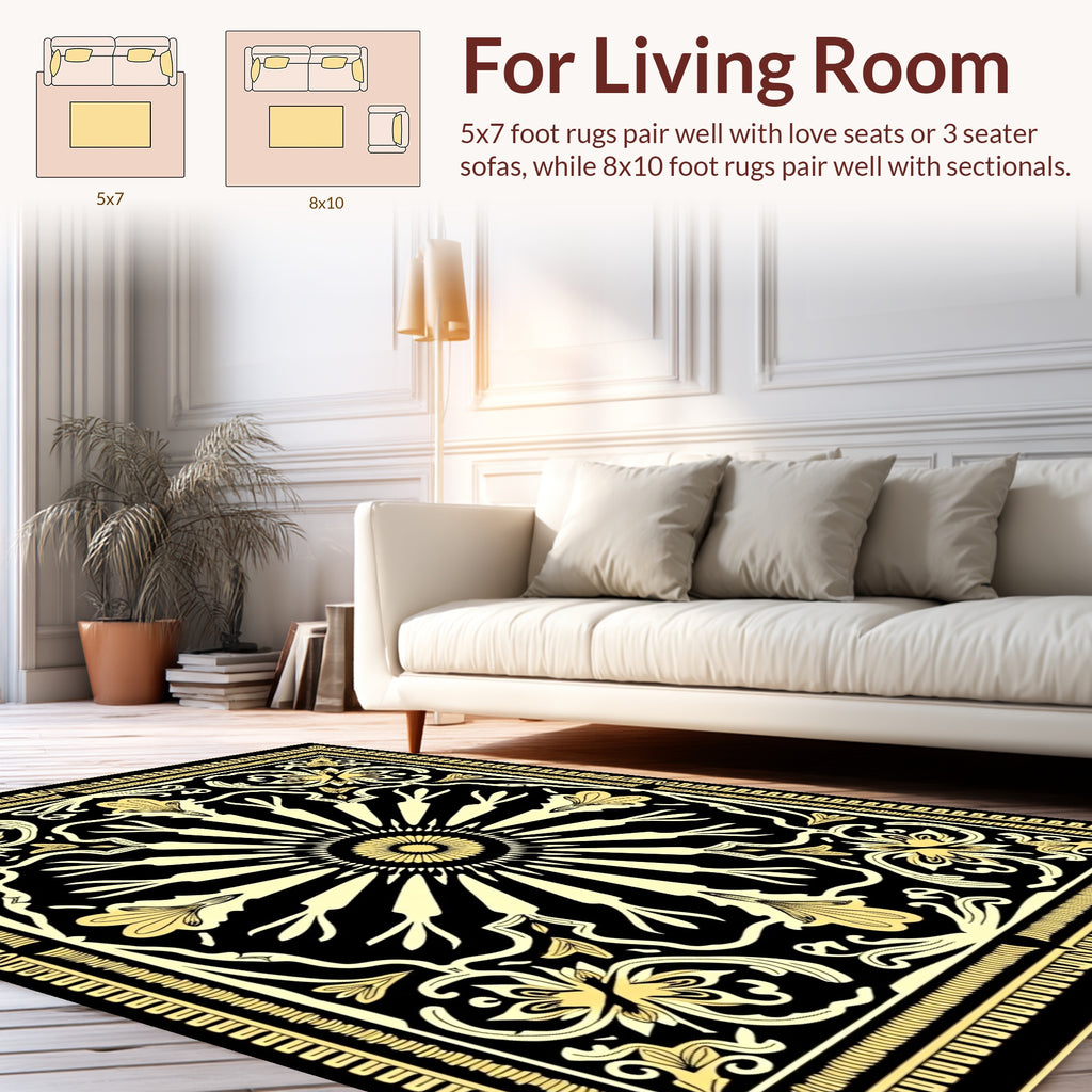 Black Gold Floral Sunburst Pattern Rug
