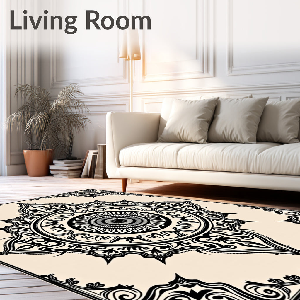 Ornate Black Cream Mandala Design Rug