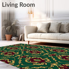 Ornate Emerald Gold Damask Pattern Rug