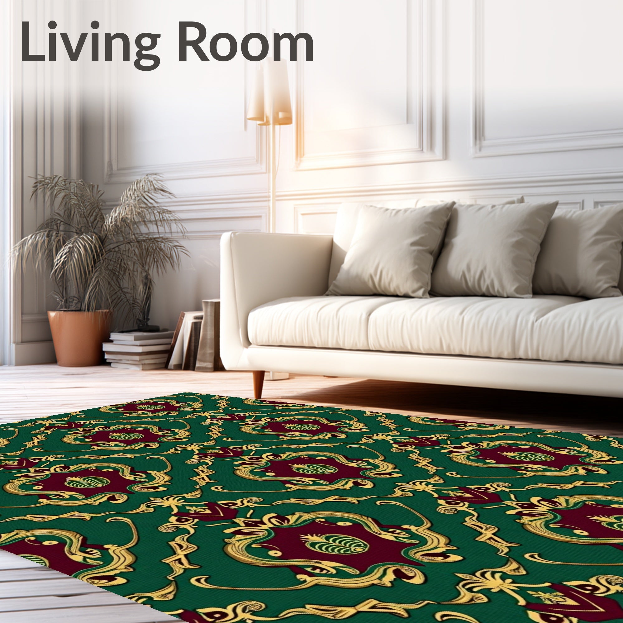 Ornate Emerald Gold Damask Pattern Rug