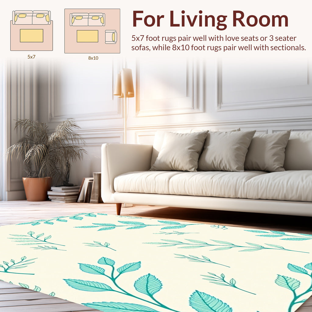 Teal Leaf Pattern on Cream Background Rug