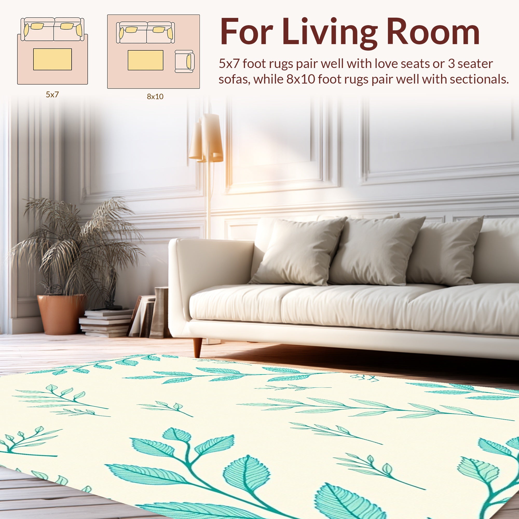 Teal Leaf Pattern on Cream Background Rug