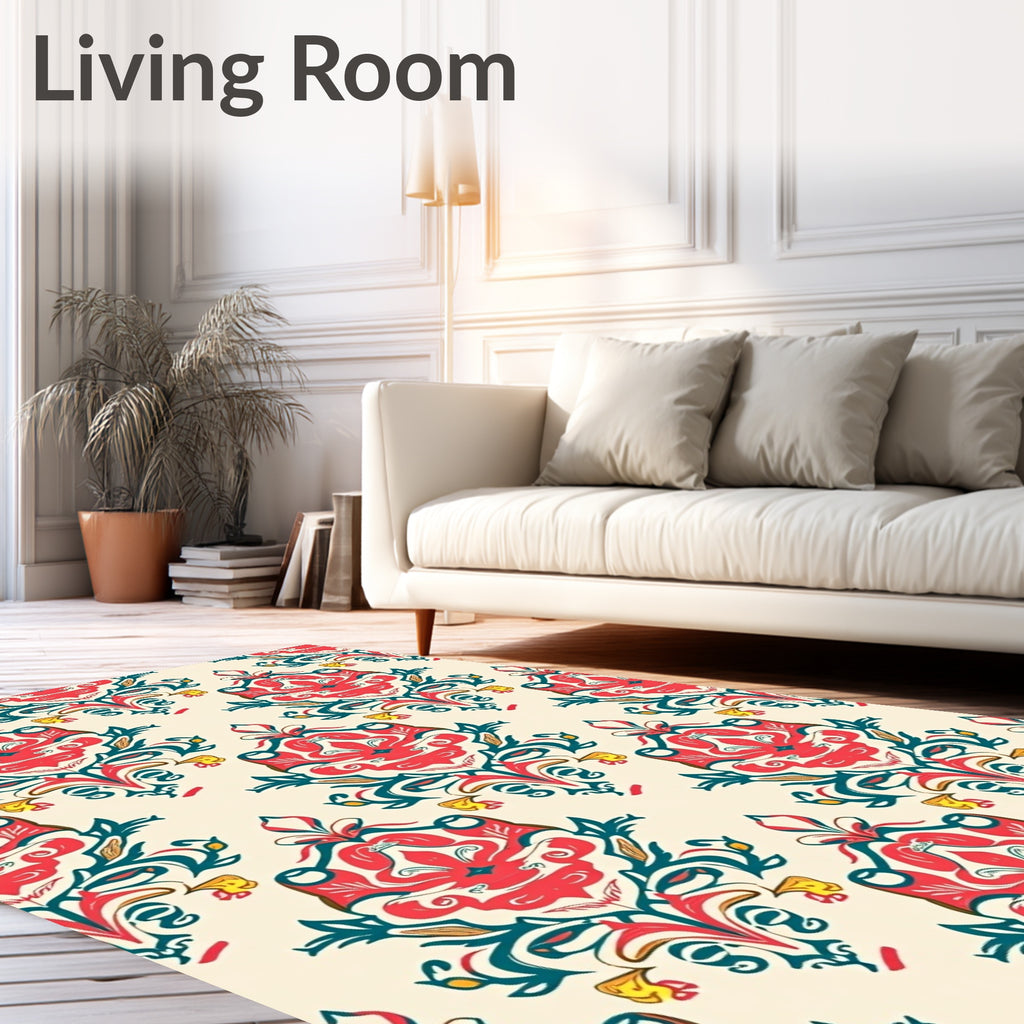 Ornate Coral Teal Floral Pattern Rug