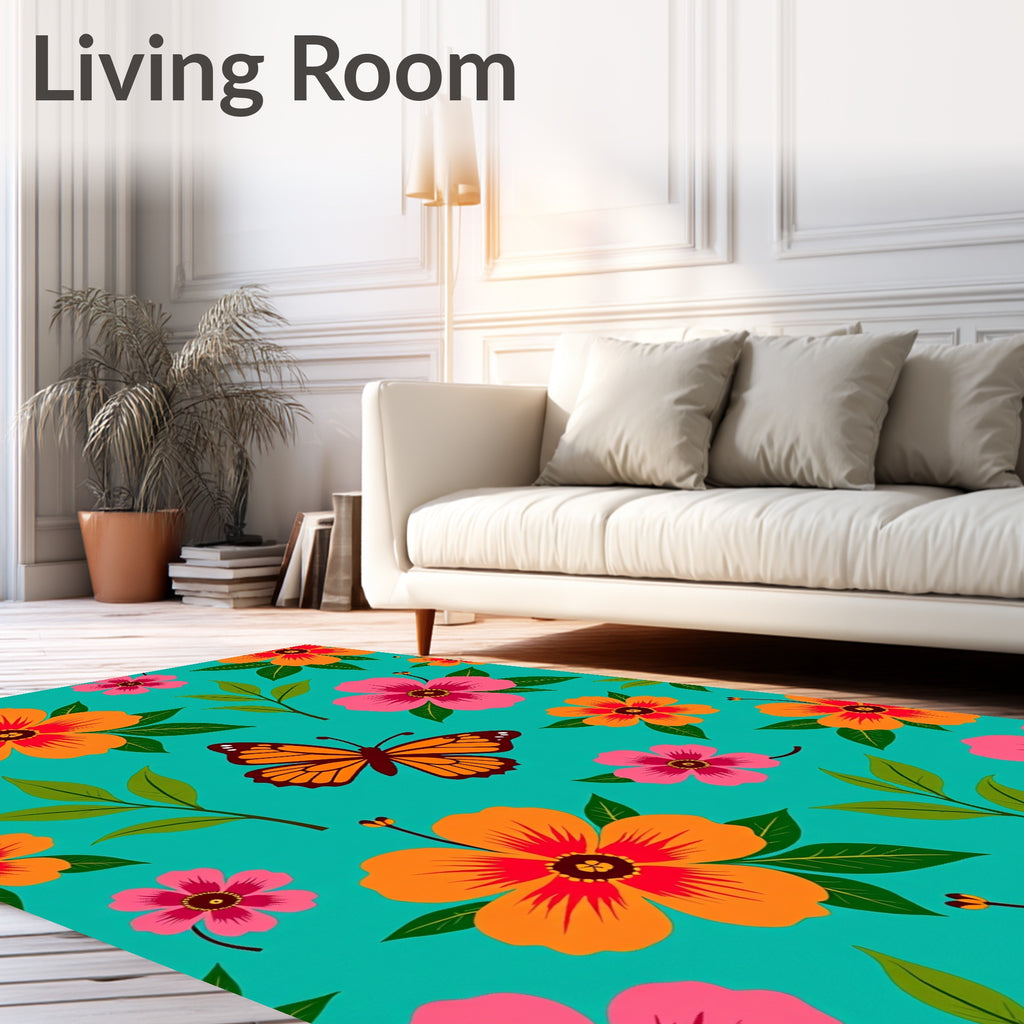 Vibrant Floral Butterfly Pattern Design Rug