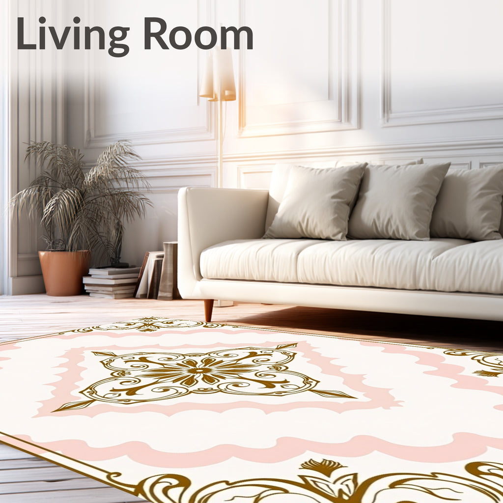 Ornate Floral Pink and Gold Medallion Rug