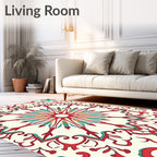 Red Teal Sunburst Mandala Design Rug