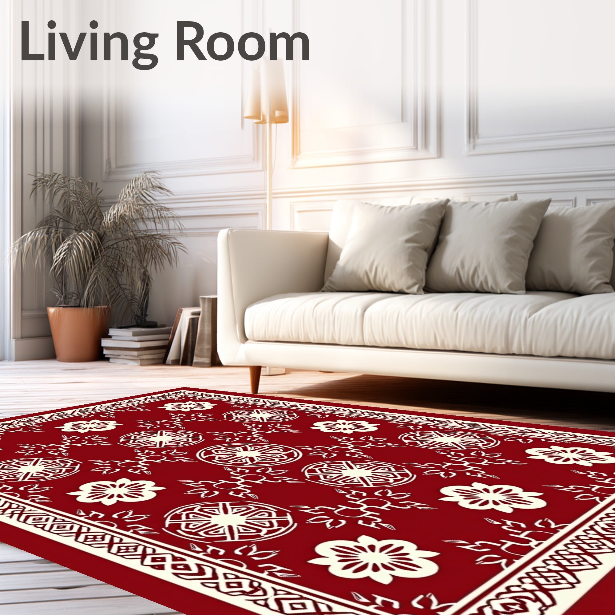 Red Mandala Floral Bordered Rug
