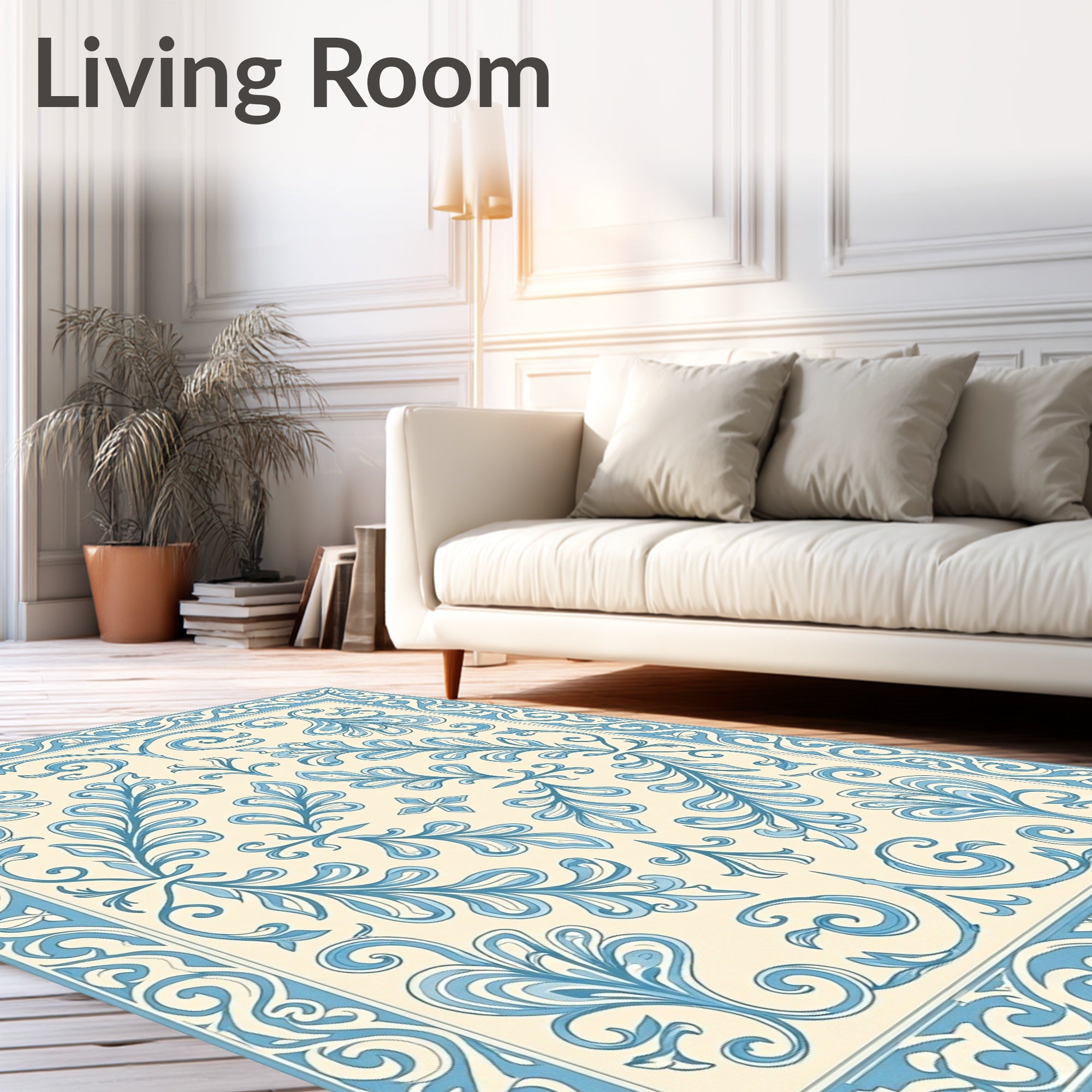 Classic Blue Floral Vine Scroll Pattern Rug