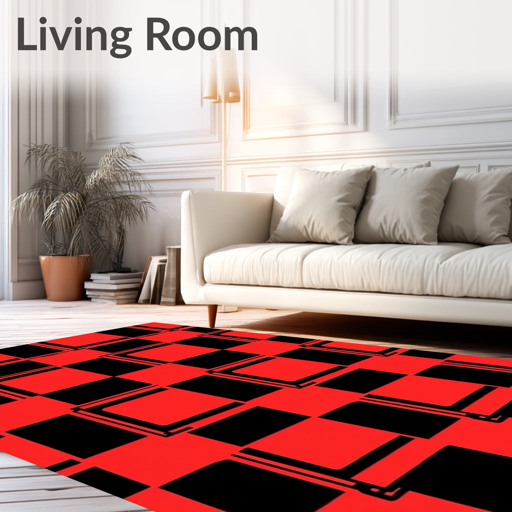 Bold Red Black Geometric Checkerboard Rug