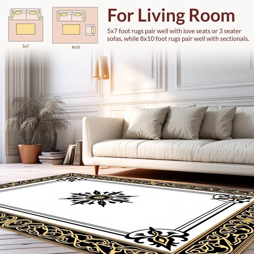 Vintage Black Gold Ornate Border Rug