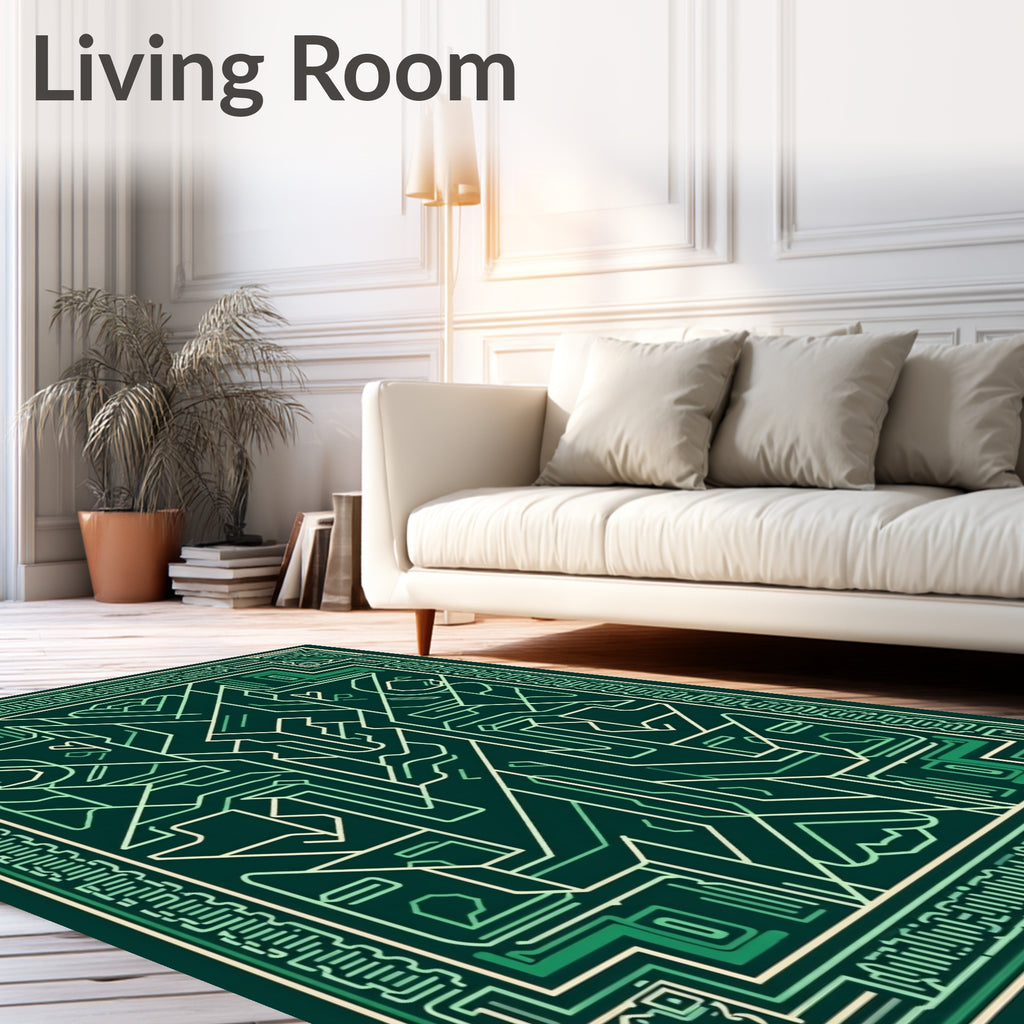 Emerald Geometric Layered Circuit Mandala Rug