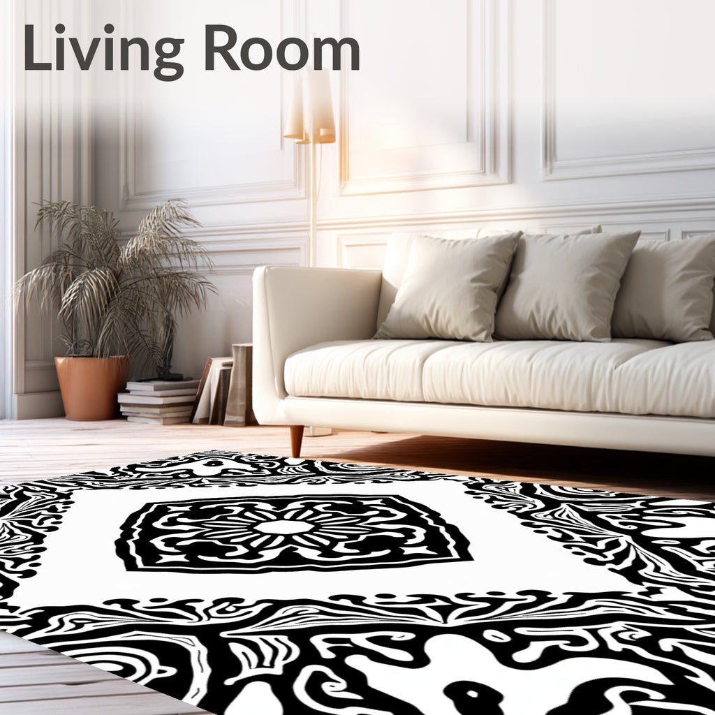 Bold Black White Mandala Pattern Rug