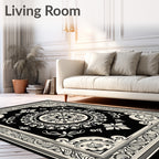 Classic Black White Floral Medallion Border Rug