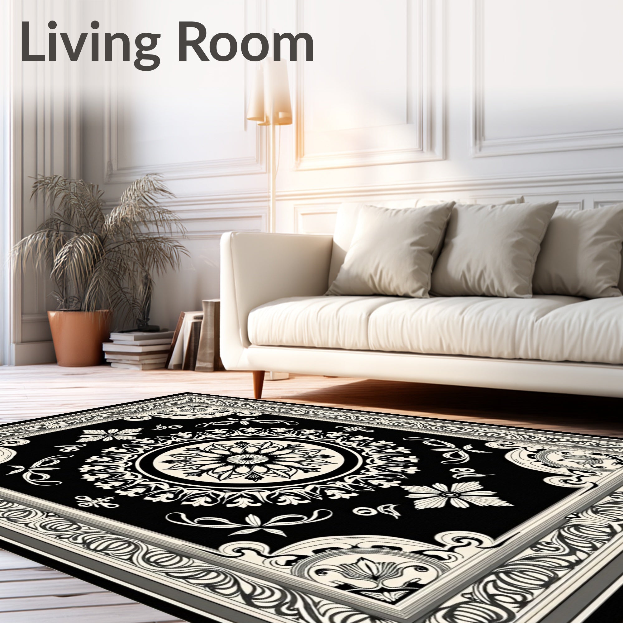 Classic Black White Floral Medallion Border Rug