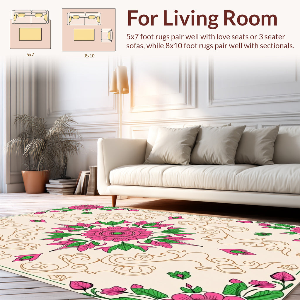 Pink Floral Harmony With Swirls Design Rug