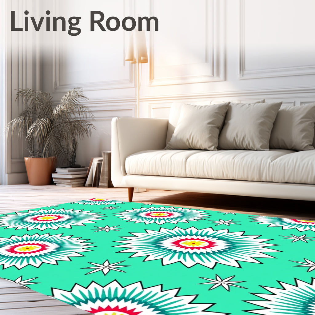 Bright Teal Sunburst Floral Pattern Rug