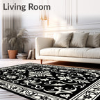 Classic Floral Scrollwork Black White Rug