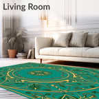 Elegant Teal and Gold Botanical Scroll Design Rug