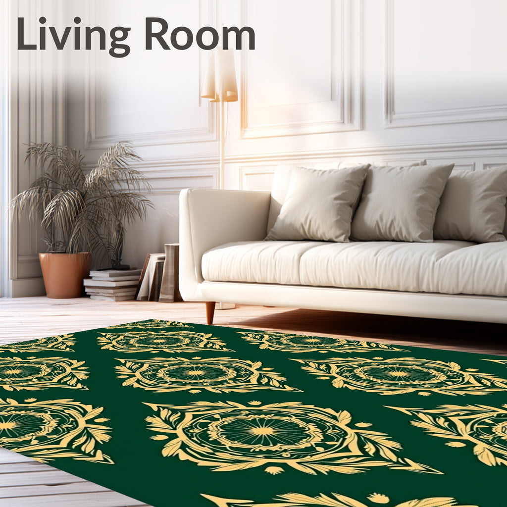 Ornate Green Gold Mandala Pattern Rug