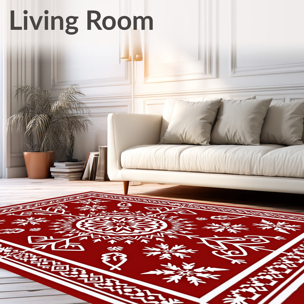 Crimson White Folk Art Mandala Rug