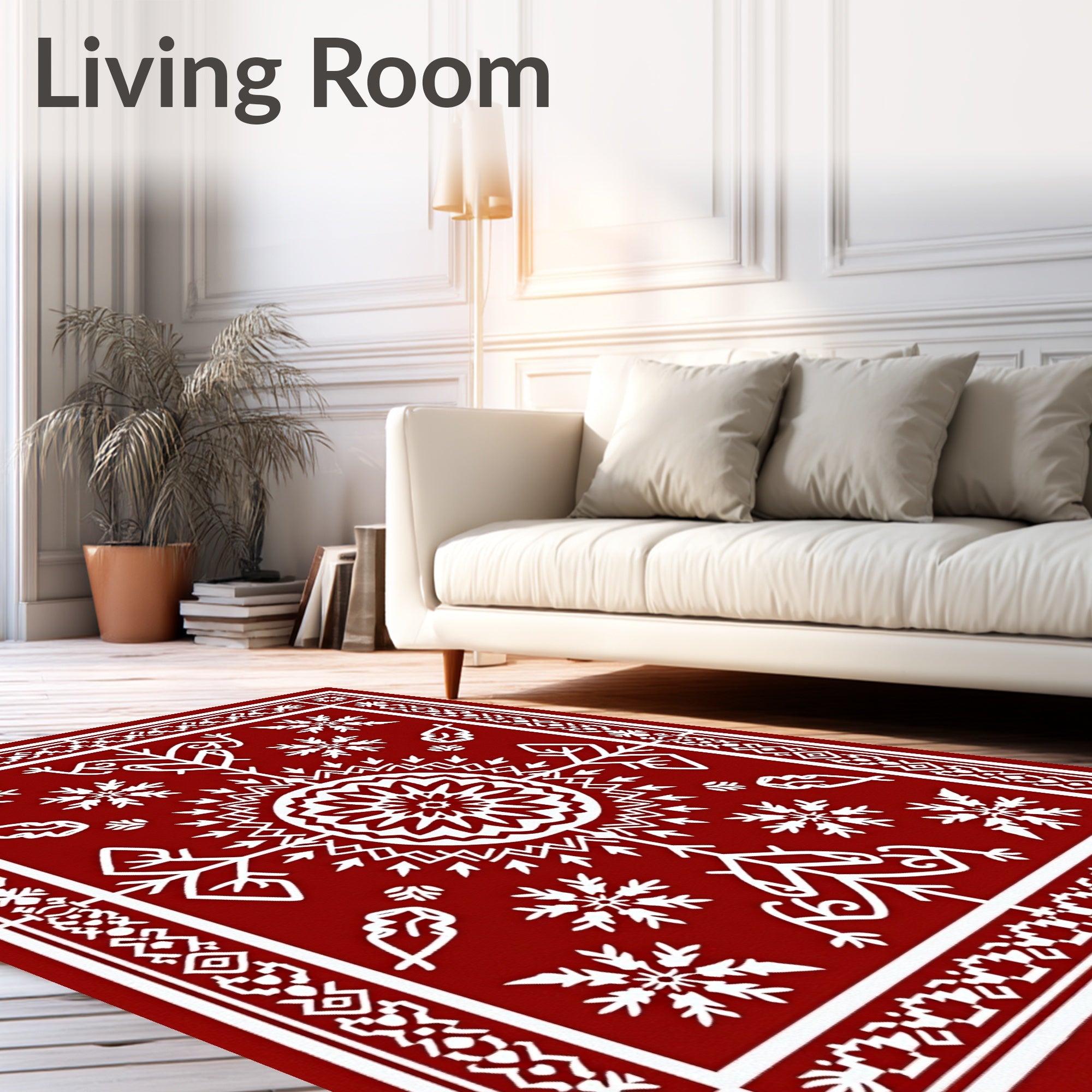 Crimson White Folk Art Mandala Rug
