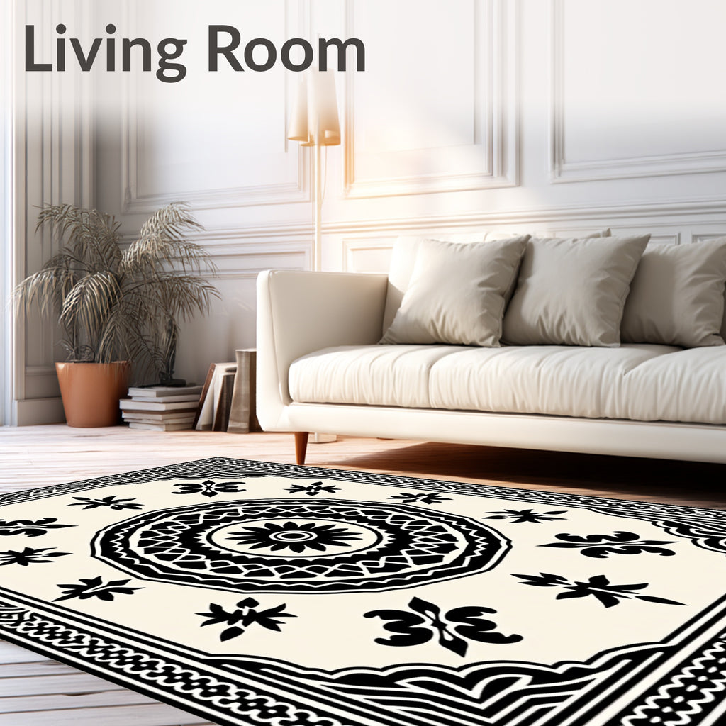 Black and Cream Ornamental Medallion Rug
