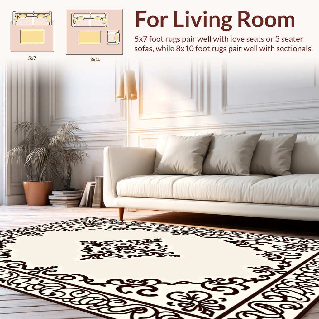 Ornate Scrollwork Cream Brown Rug