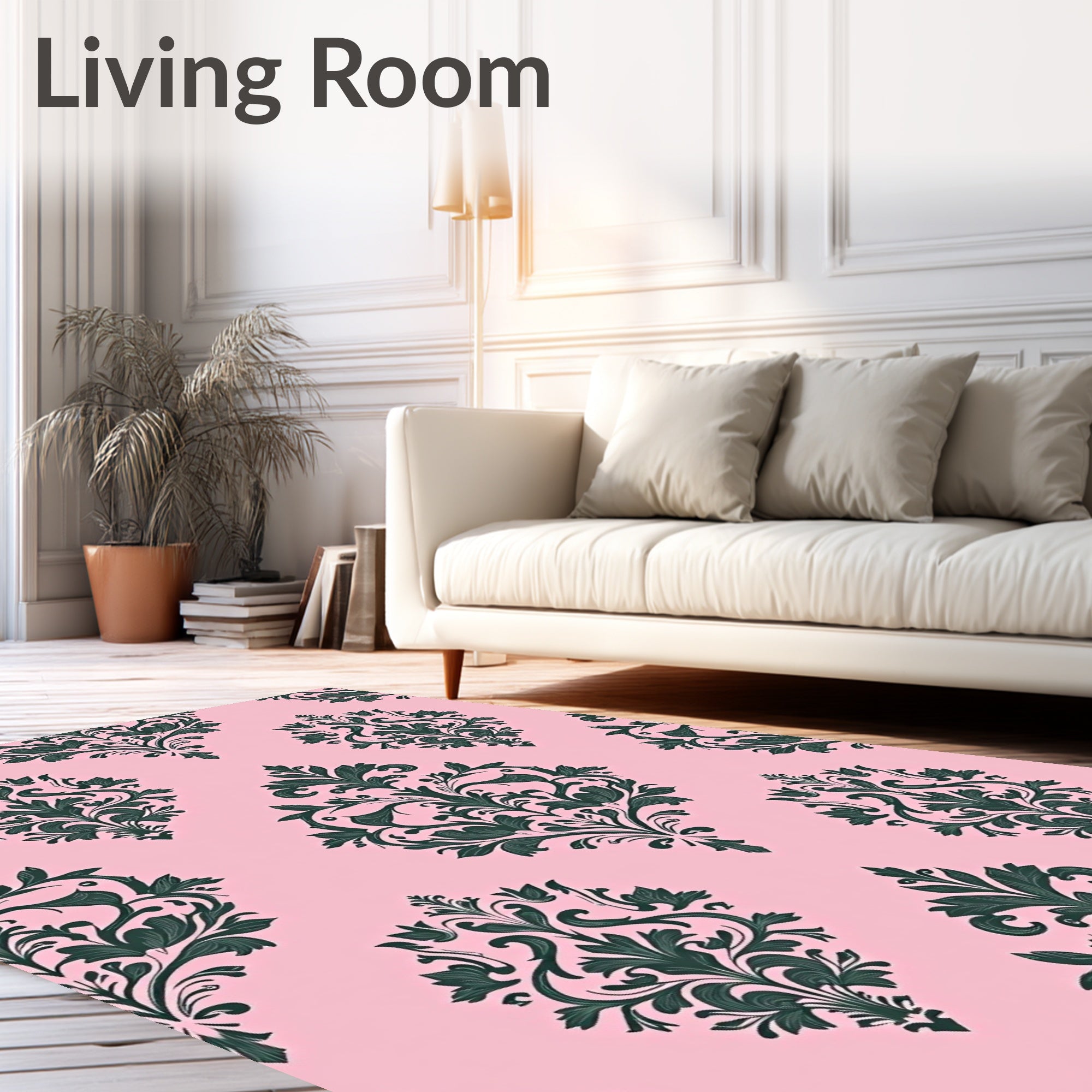 Pink Green Damask Floral Pattern Rug