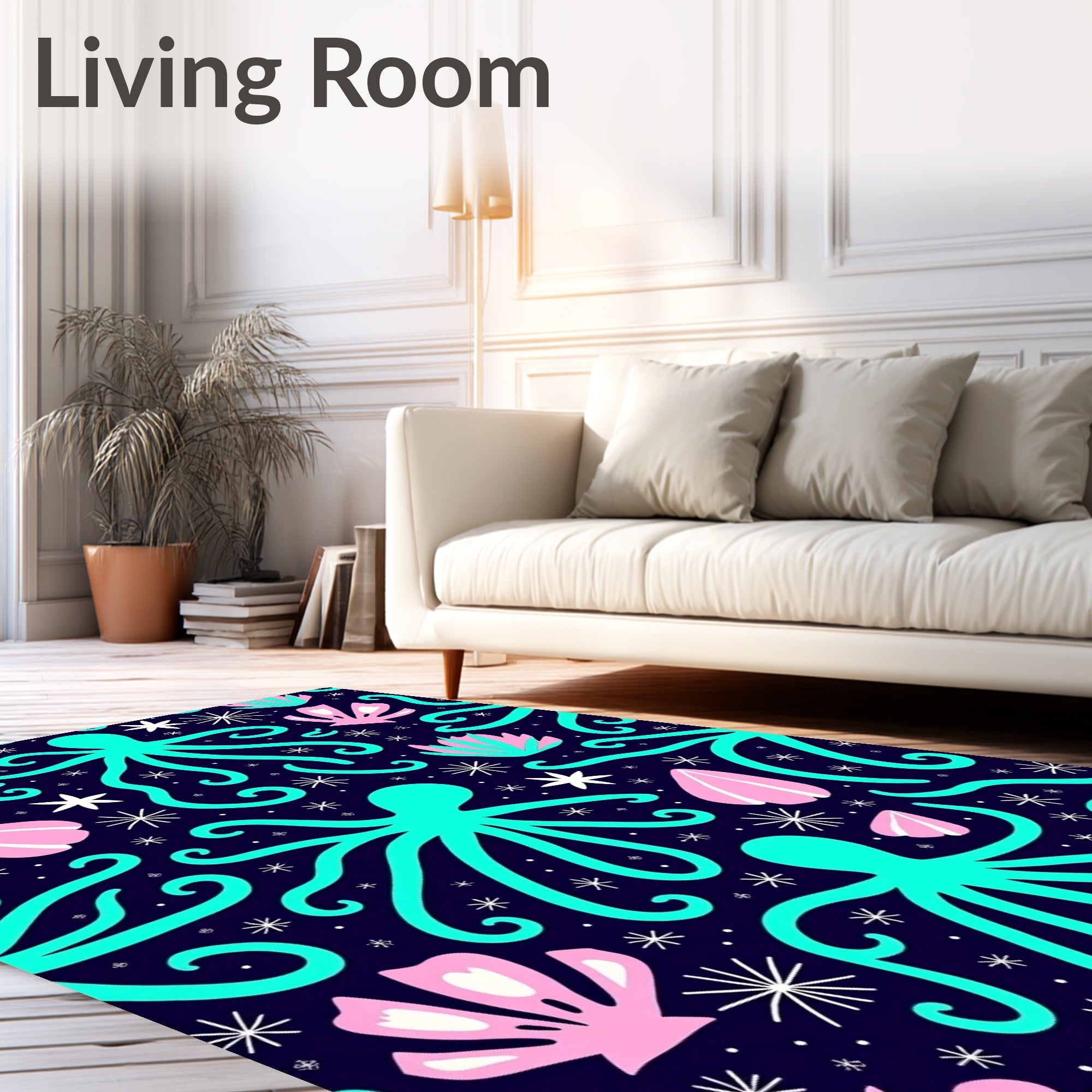 Aqua Octopus and Shell Pattern Rug