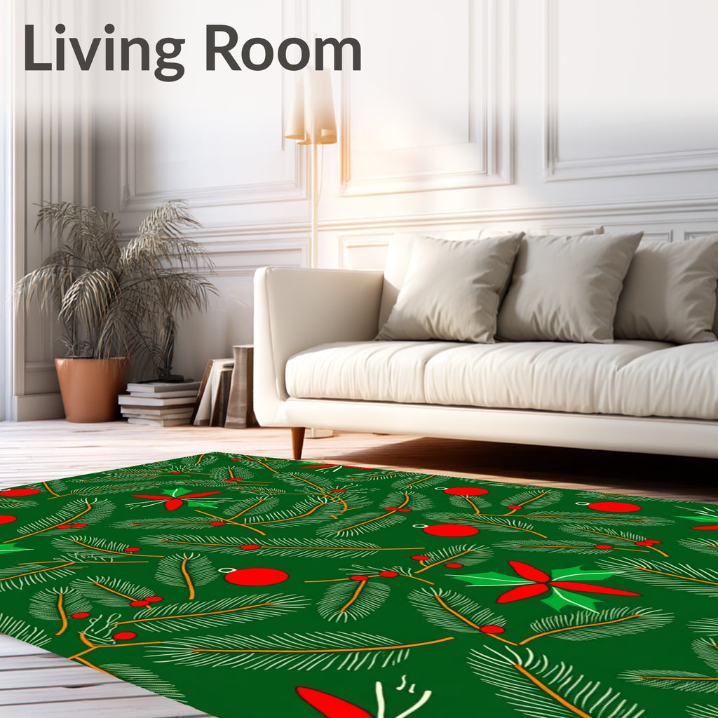 Jolly Evergreen Pine Poinsettia Ornaments Rug