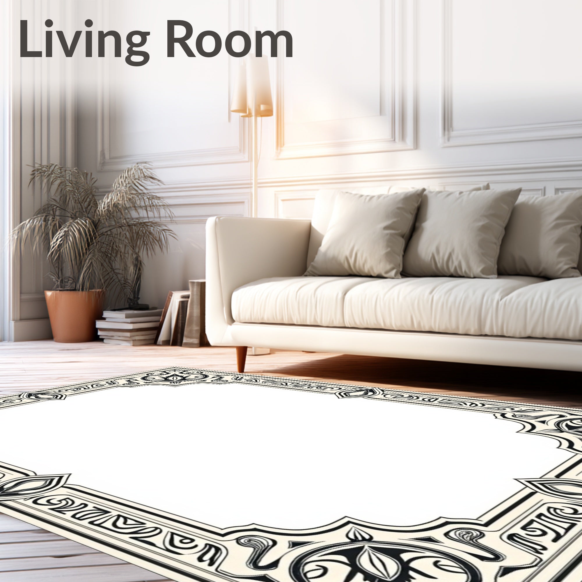 Elegant Black Floral Scrollwork Frame Rug